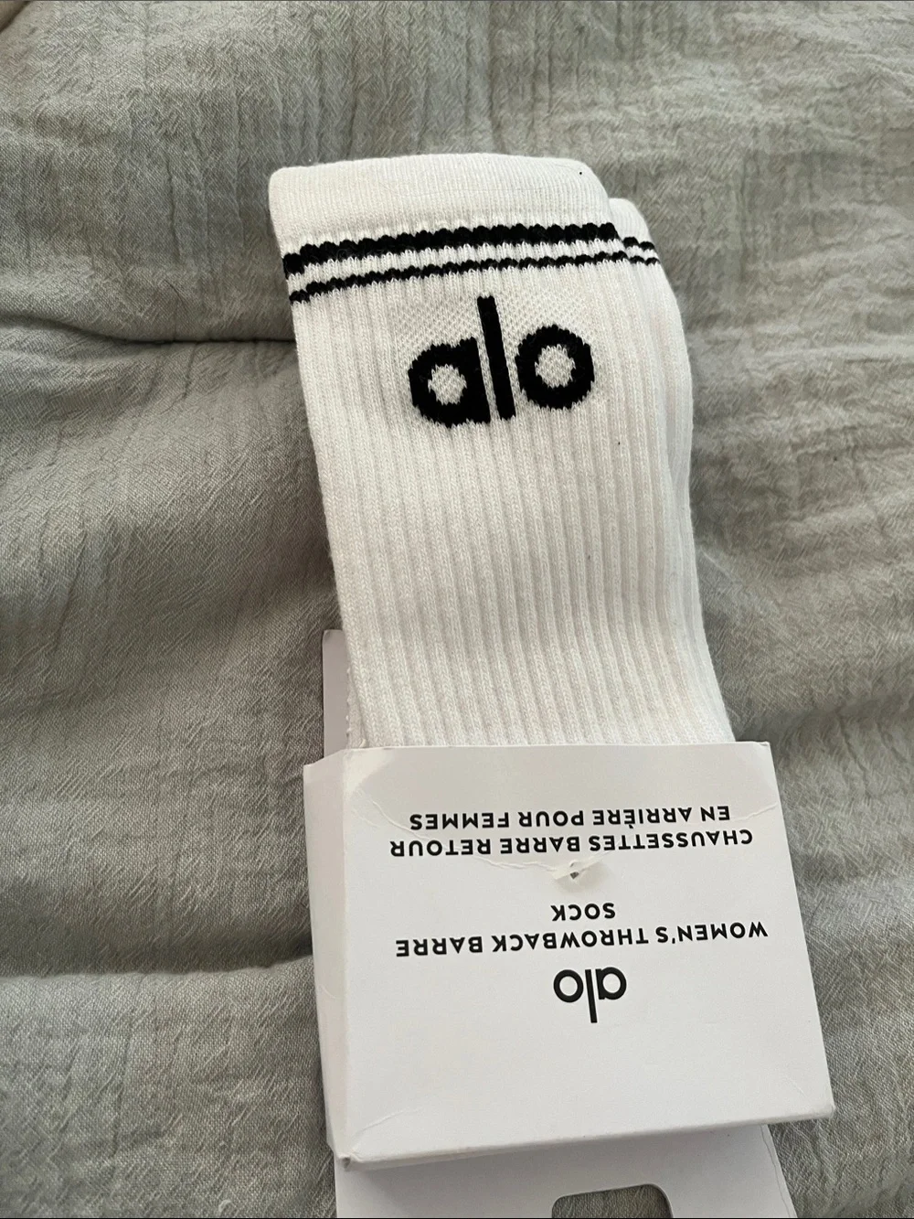ALO Yoga Women’s White Crew Socks with Black Logo & Stripe